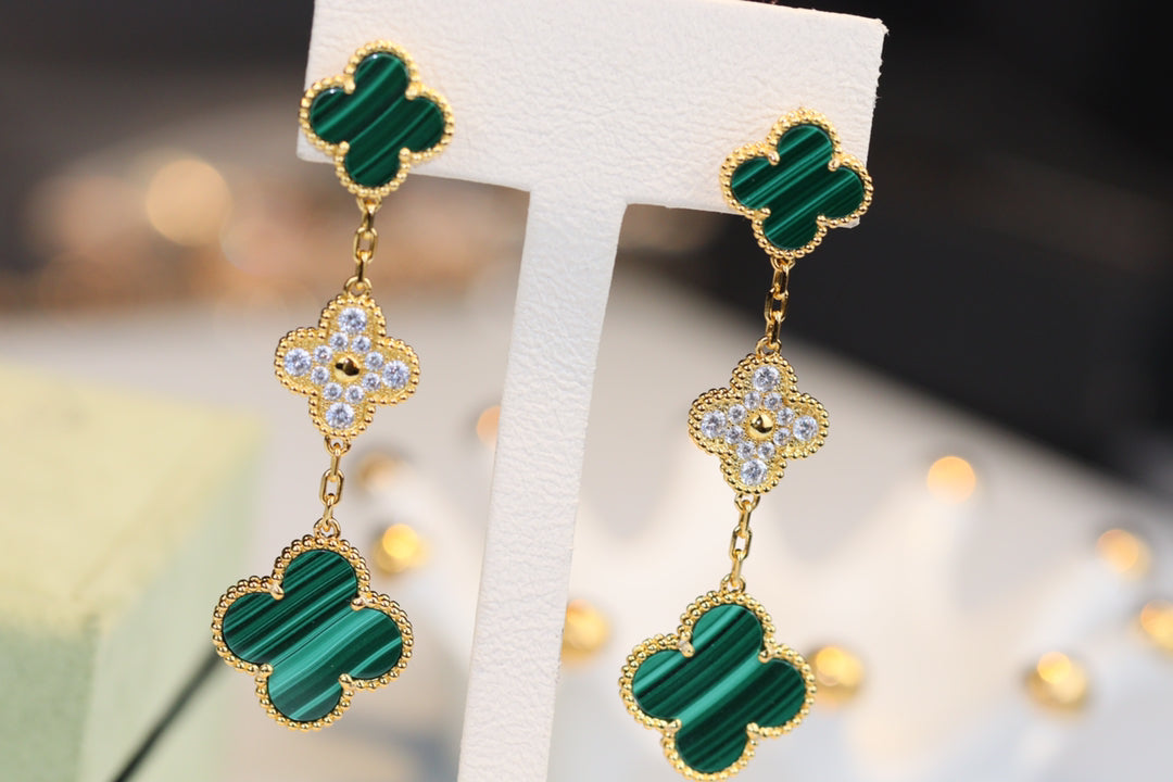 [Eterna Jewels]CLOVER EARRINGS GOLD MALACHITE DIAMOND 3 MOTIF