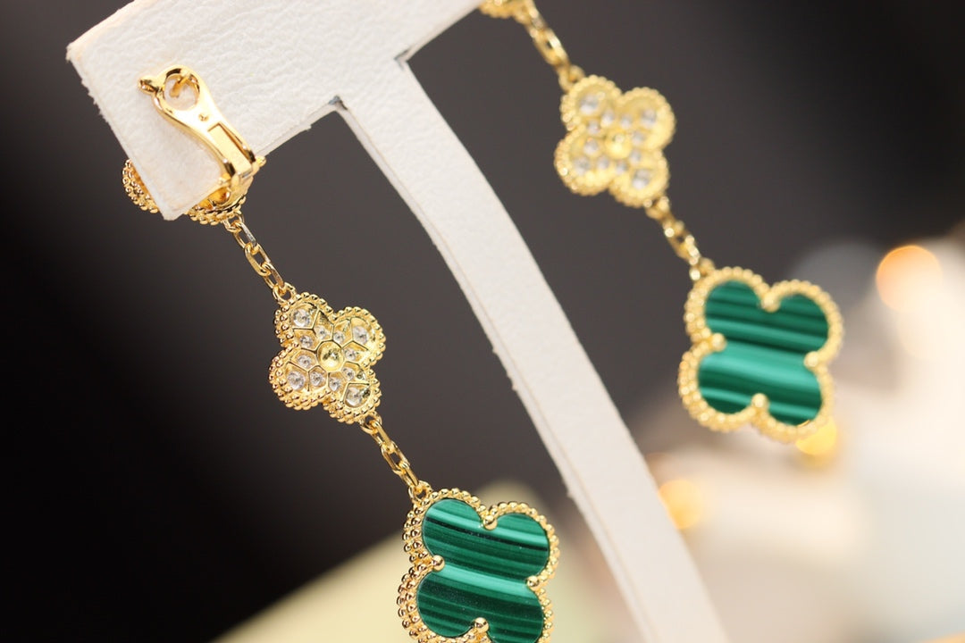 [Eterna Jewels]CLOVER EARRINGS GOLD MALACHITE DIAMOND 3 MOTIF