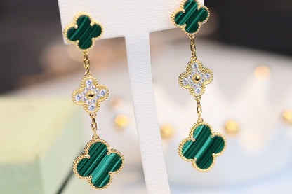 [Eterna Jewels]CLOVER EARRINGS GOLD MALACHITE DIAMOND 3 MOTIF