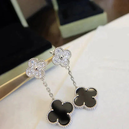 [Eterna Jewels]CLOVER 2 MOTIFS  DIAMOND ONYX EARRINGS SILVER