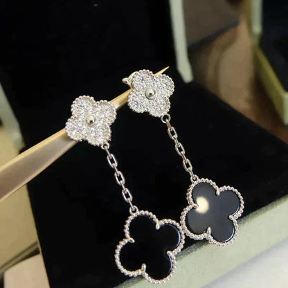 [Eterna Jewels]CLOVER 2 MOTIFS  DIAMOND ONYX EARRINGS SILVER