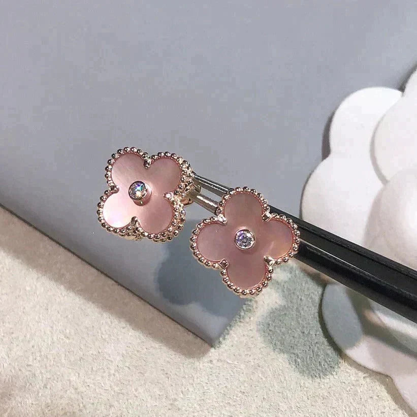 [Eterna Jewels]CLOVER MEDIUM 1 MOTIFS  PINK MOP DIAMOND EARRINGS