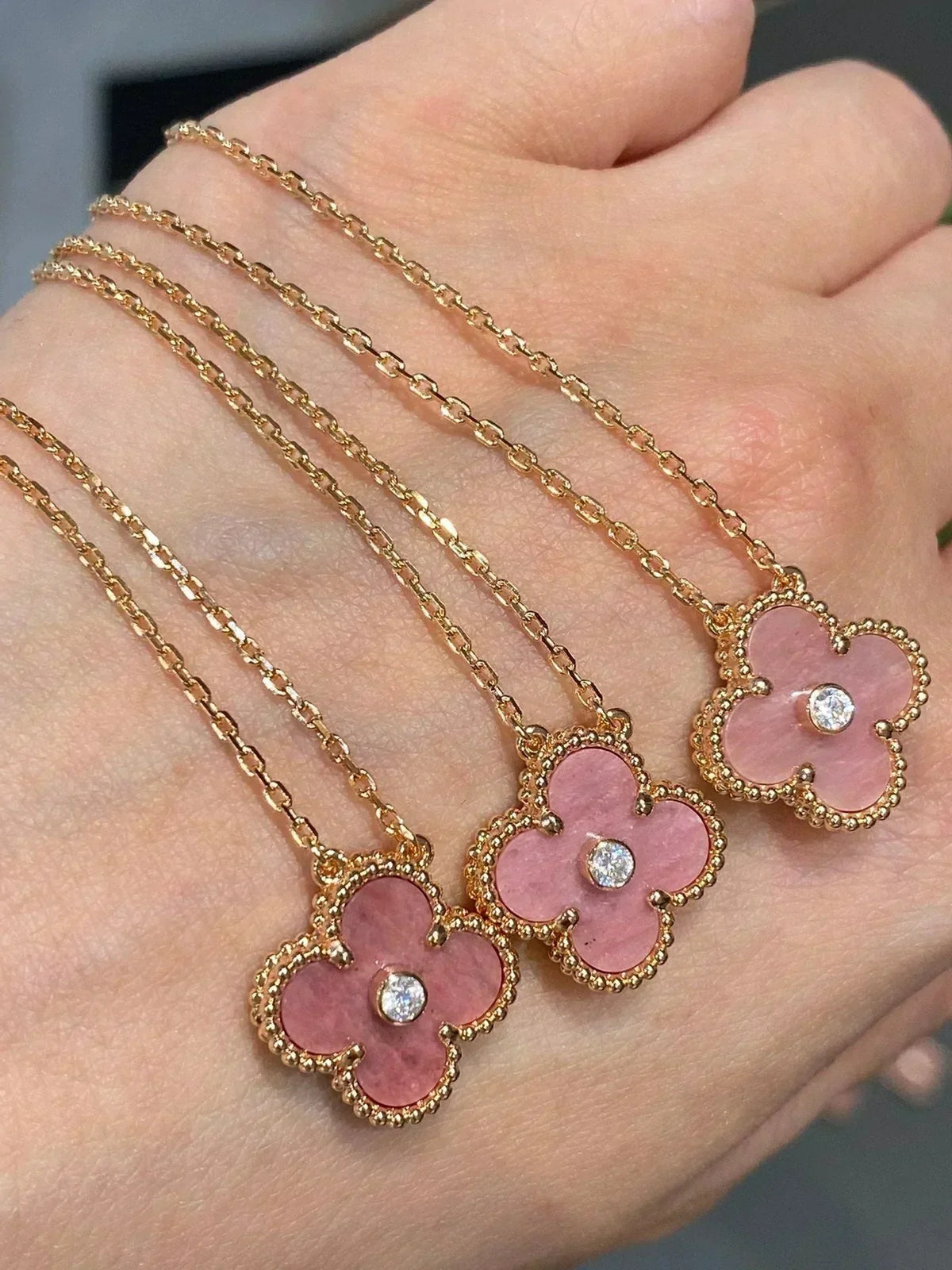 [Eterna Jewels]CLOVER 15MM DIAMOND RHODONITE NECKLACE