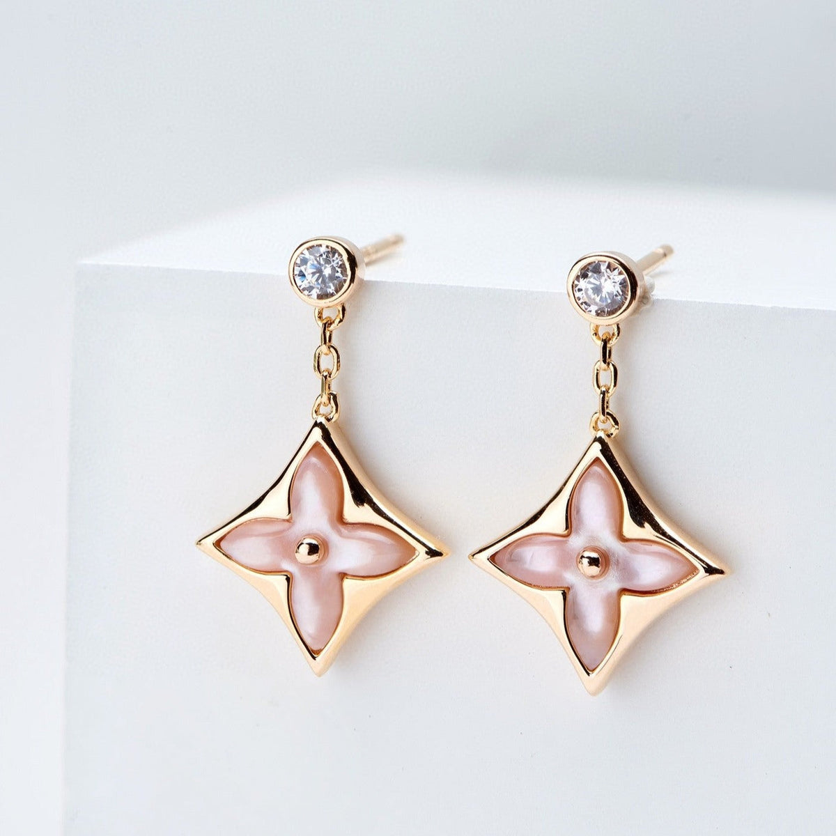 [Eterna Jewels]DOUBLE STAR PINK GOLD MOP DROP EARRINGS
