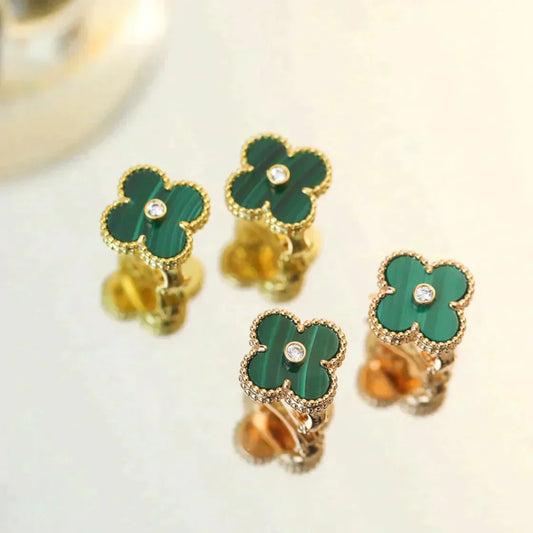 [Eterna Jewels]CLOVER MEDIUM 1 MOTIFS MALACHITE DIAMOND EARRINGS