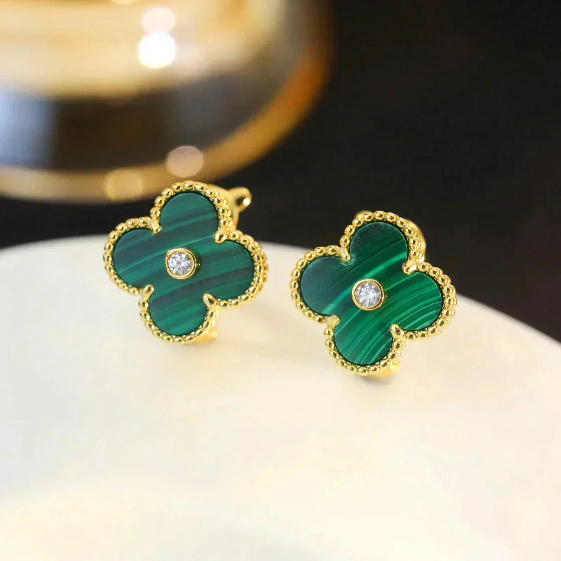 [Eterna Jewels]CLOVER MEDIUM 1 MOTIFS MALACHITE DIAMOND EARRINGS