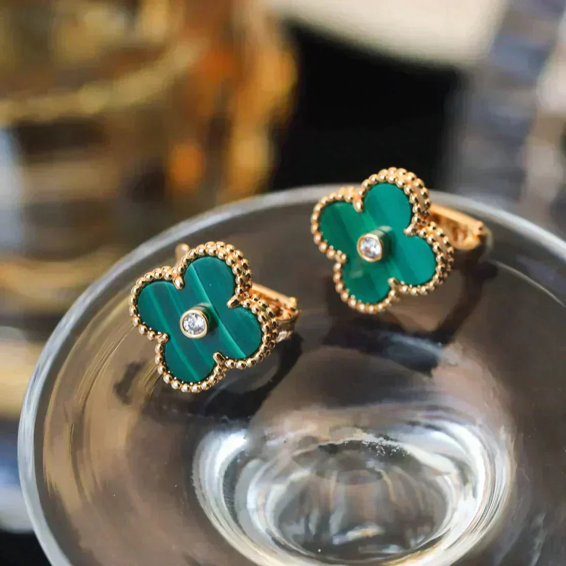 [Eterna Jewels]CLOVER MEDIUM 1 MOTIFS MALACHITE DIAMOND EARRINGS