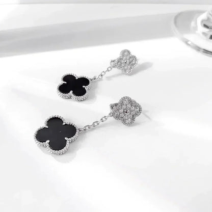 [Eterna Jewels]CLOVER 2 MOTIFS  DIAMOND ONYX EARRINGS SILVER