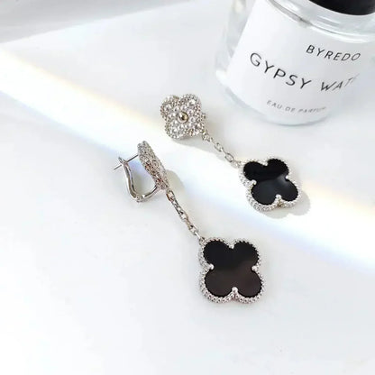 [Eterna Jewels]CLOVER 2 MOTIFS  DIAMOND ONYX EARRINGS SILVER