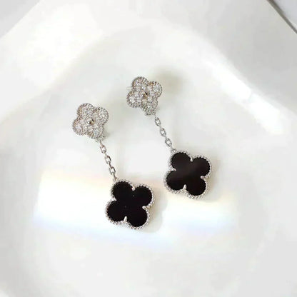 [Eterna Jewels]CLOVER 2 MOTIFS  DIAMOND ONYX EARRINGS SILVER