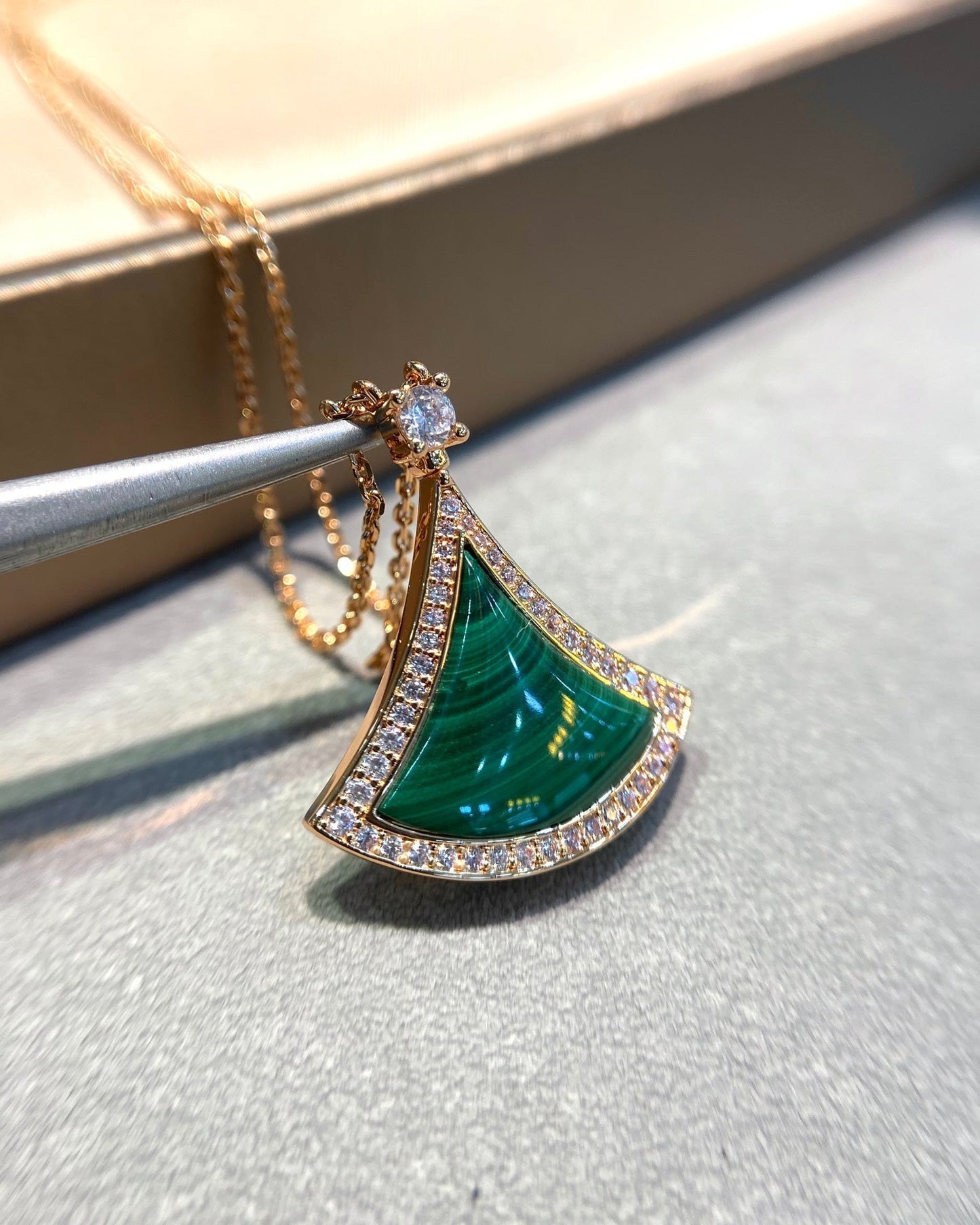 [Eterna Jewels]DREAM MALACHITE DIAMOND PAVED PINK GOLD NECKLACE