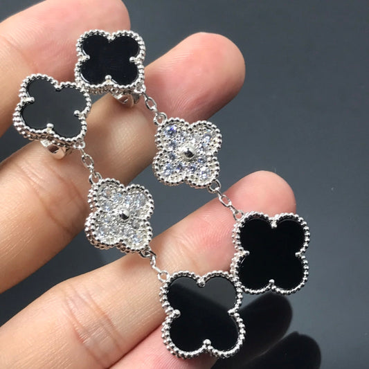 [Eterna Jewels]CLOVER 3 MOTIF DIAMOND ONYX SILVER EARRINGS
