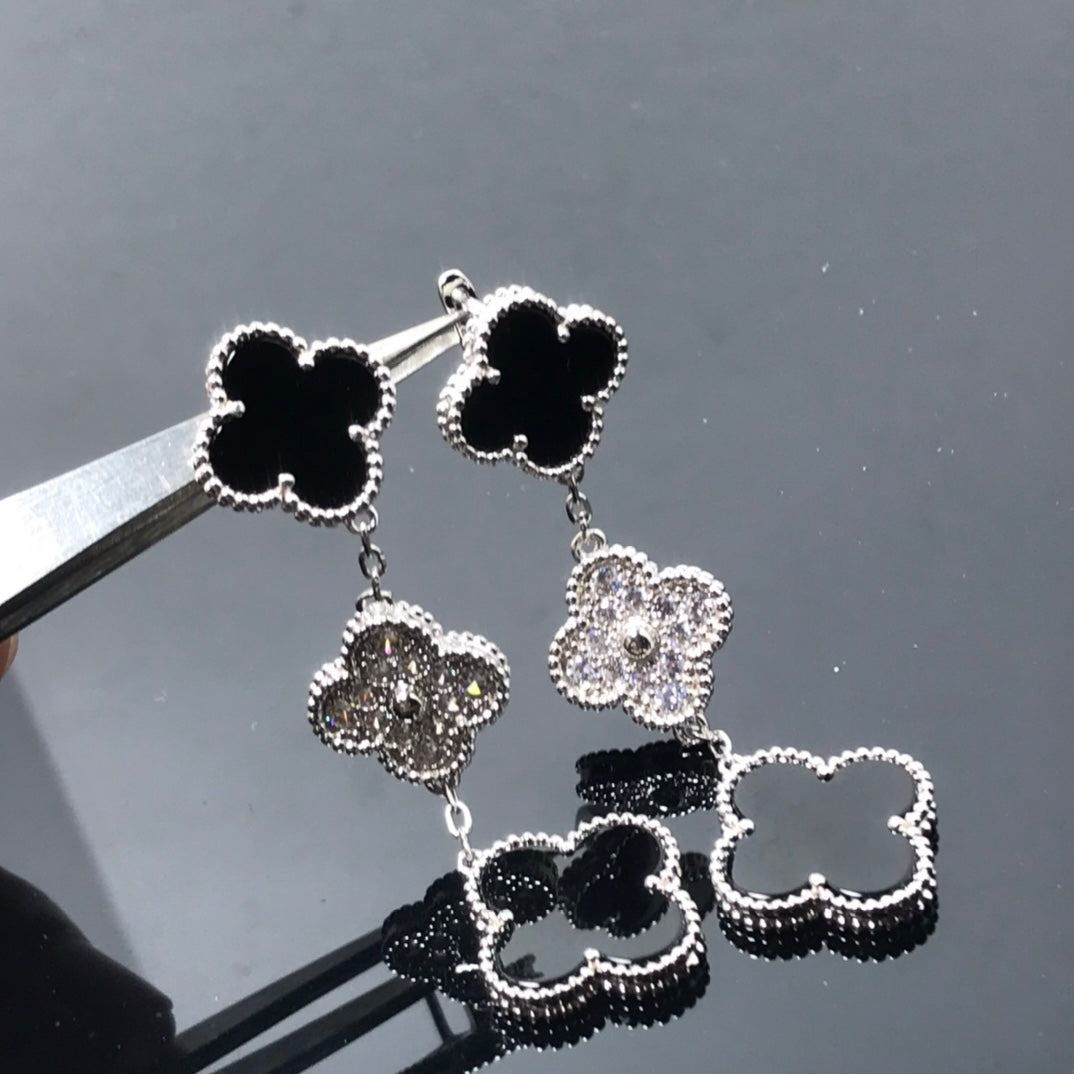 [Eterna Jewels]CLOVER 3 MOTIF DIAMOND ONYX SILVER EARRINGS