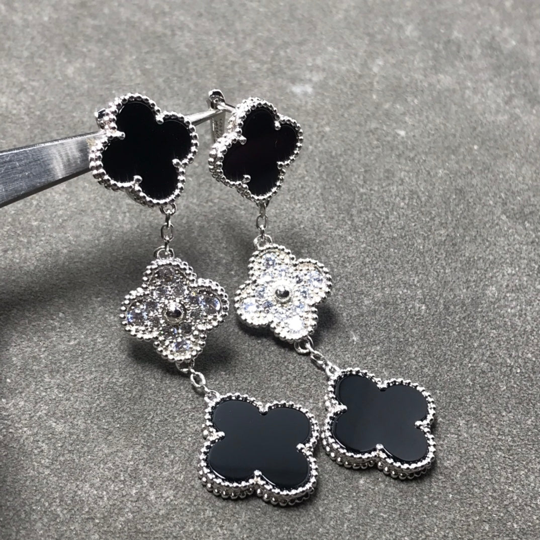 [Eterna Jewels]CLOVER 3 MOTIF DIAMOND ONYX SILVER EARRINGS