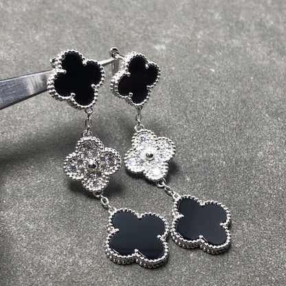 [Eterna Jewels]CLOVER 3 MOTIF DIAMOND ONYX SILVER EARRINGS