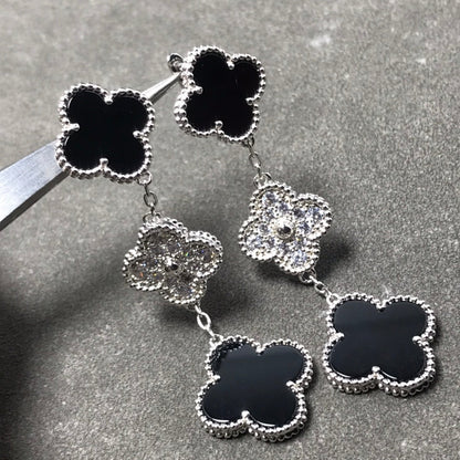 [Eterna Jewels]CLOVER 3 MOTIF DIAMOND ONYX SILVER EARRINGS