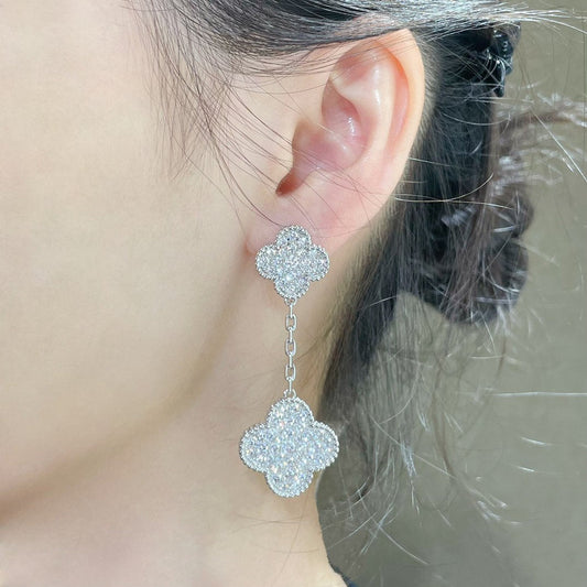 [Eterna Jewels]CLOVER 2 MOTIFS DIAMOND PAVED SILVER EARRINGS