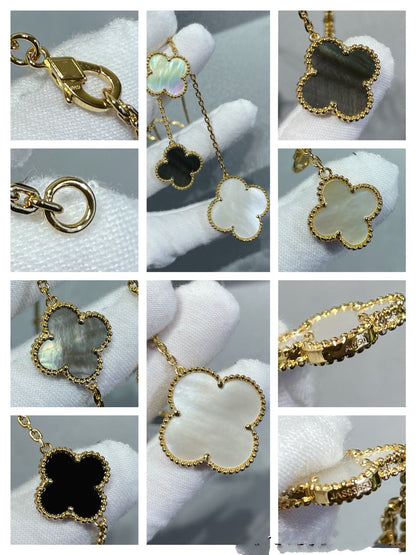[Eterna Jewels]CLOVER 6 MOTIF MOP ONYX GOLD NECKLACE