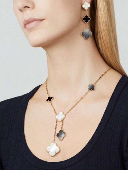 [Eterna Jewels]CLOVER 3 MOTIF MOP ONYX DARK MOP PINK GOLD EARRINGS