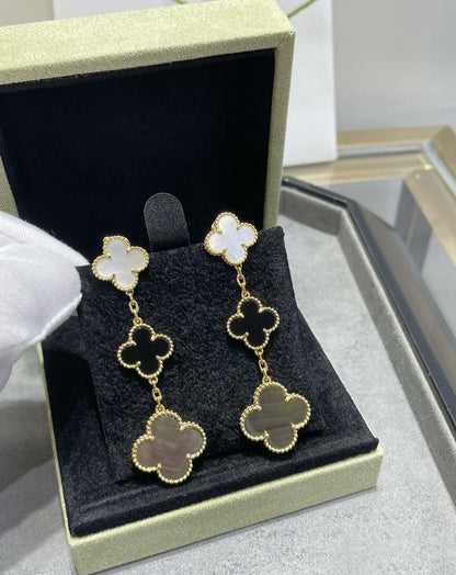 [Eterna Jewels]CLOVER 3 MOTIF MOP ONYX DARK MOP PINK GOLD EARRINGS