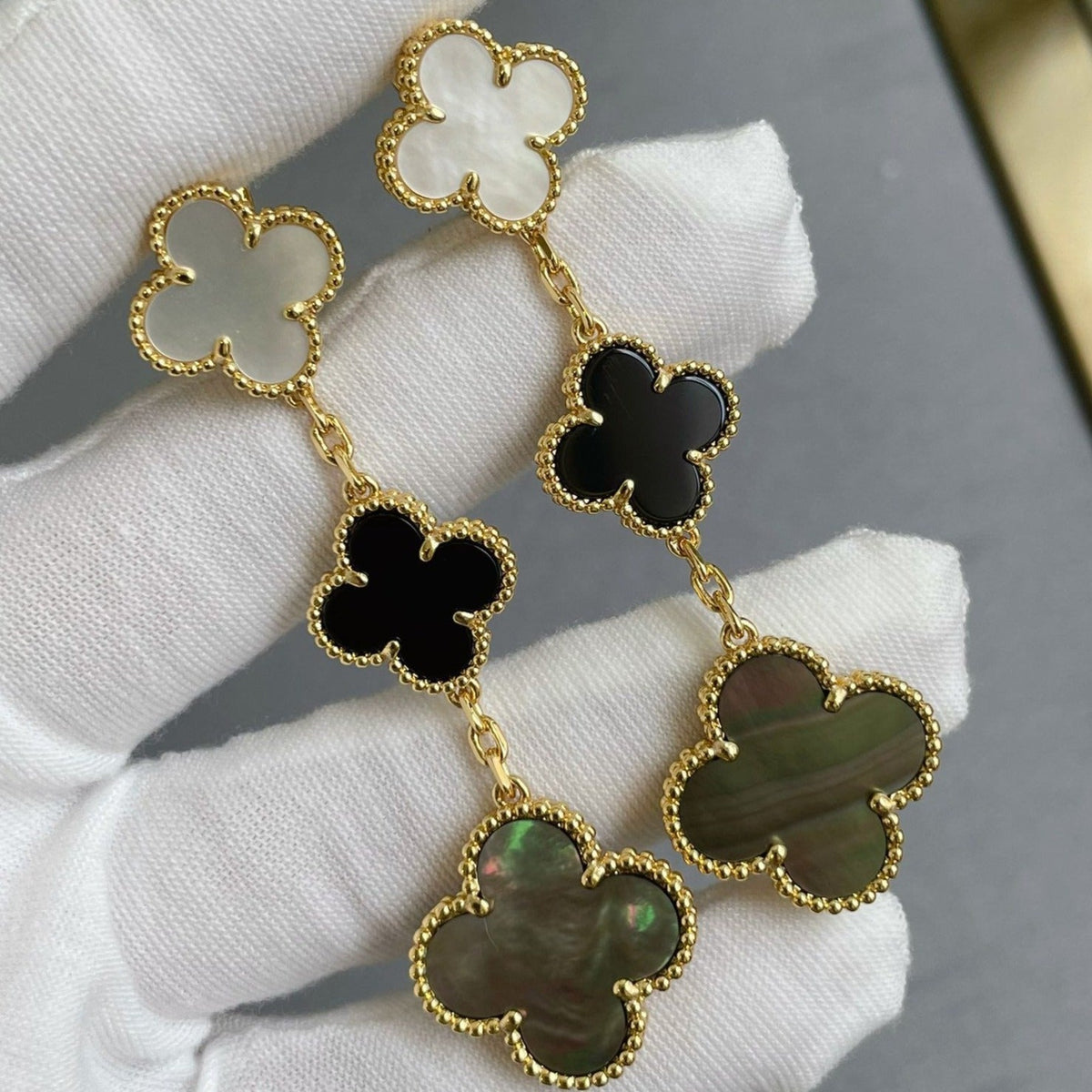 [Eterna Jewels]CLOVER 3 MOTIF MOP ONYX DARK MOP PINK GOLD EARRINGS