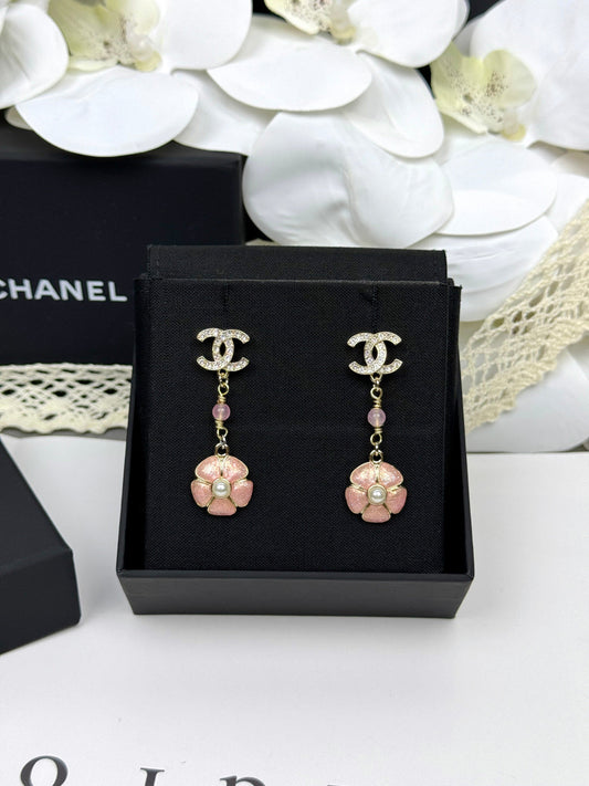 [Eterna Jewels]26C Pink Camellia Enamel Pendant with Double C Earrings