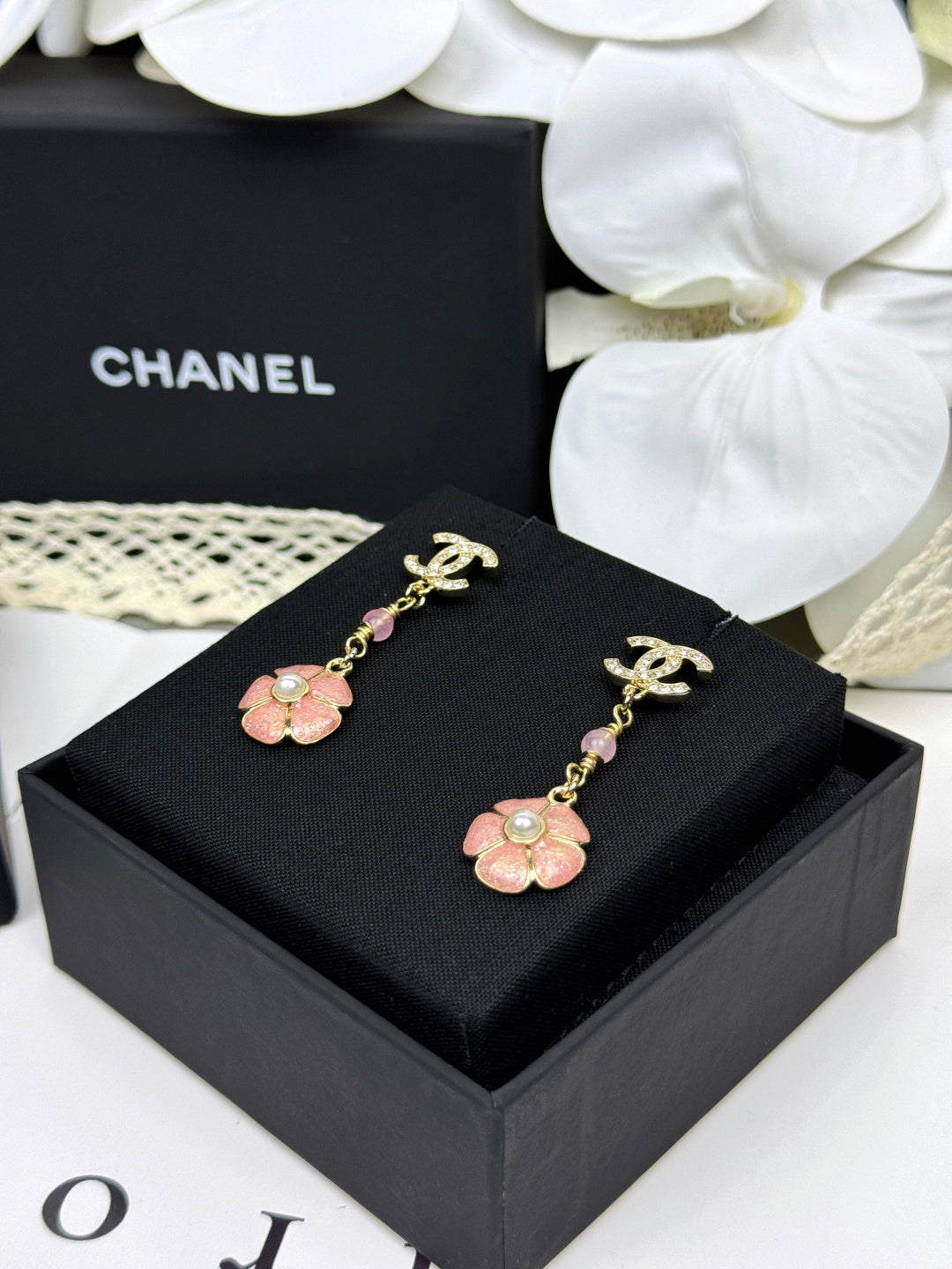 [Eterna Jewels]26C Pink Camellia Enamel Pendant with Double C Earrings