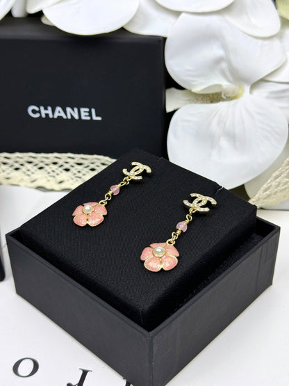[Eterna Jewels]26C Pink Camellia Enamel Pendant with Double C Earrings