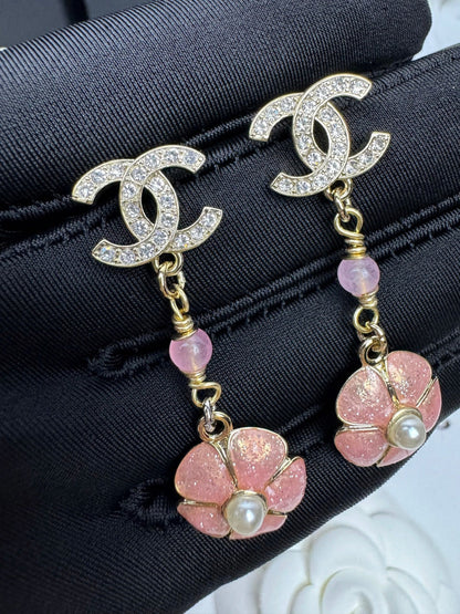 [Eterna Jewels]26C Pink Camellia Enamel Pendant with Double C Earrings
