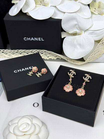 [Eterna Jewels]26C Pink Camellia Enamel Pendant with Double C Earrings