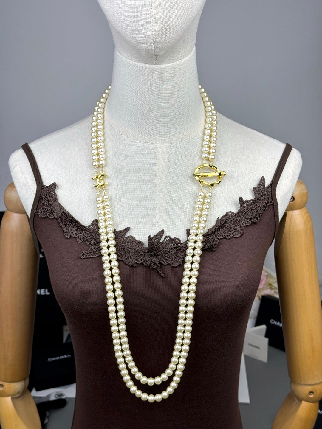 [Eterna Jewels]25K Pencil Double C Double-Layer Pearl Sweater Chain