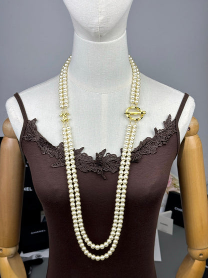 [Eterna Jewels]25K Pencil Double C Double-Layer Pearl Sweater Chain