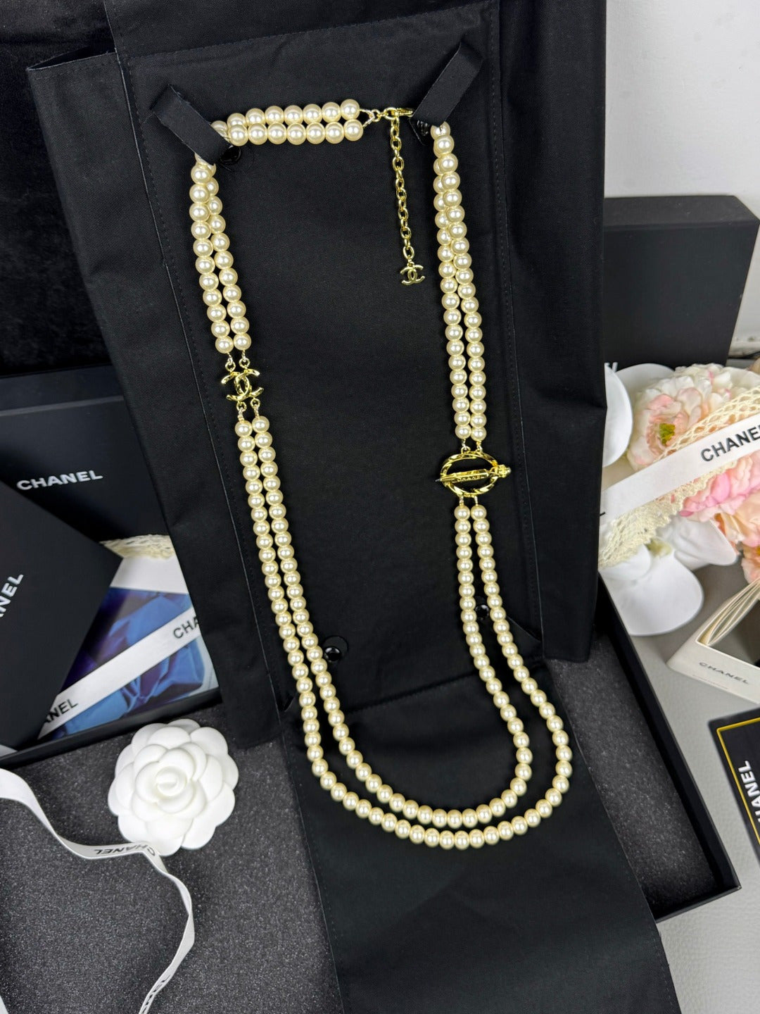 [Eterna Jewels]25K Pencil Double C Double-Layer Pearl Sweater Chain