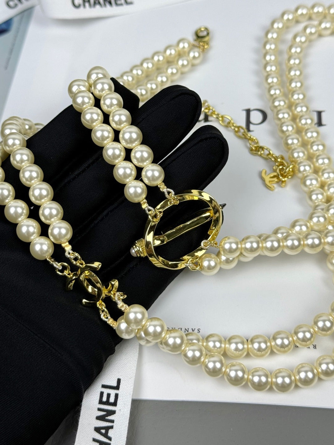 [Eterna Jewels]25K Pencil Double C Double-Layer Pearl Sweater Chain