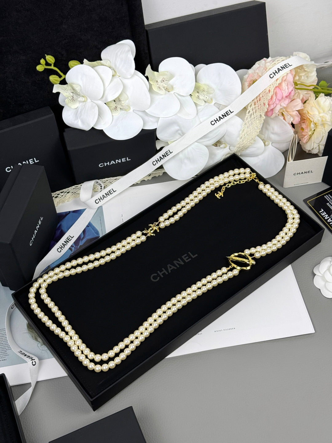 [Eterna Jewels]25K Pencil Double C Double-Layer Pearl Sweater Chain