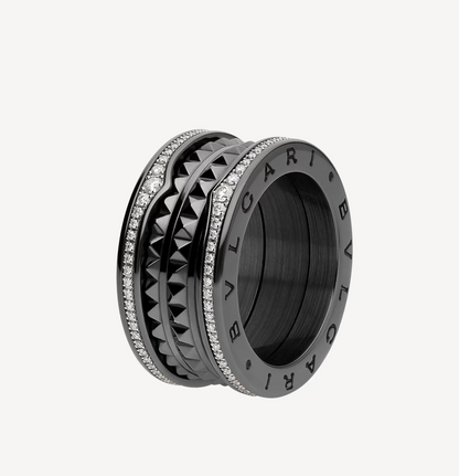 [Eterna Jewels]ZERO 1 ROCK FOUR-BAND BLACK CERAMIC WITH STUDDED SPIRAL AND PAVED DIAMONDS RING