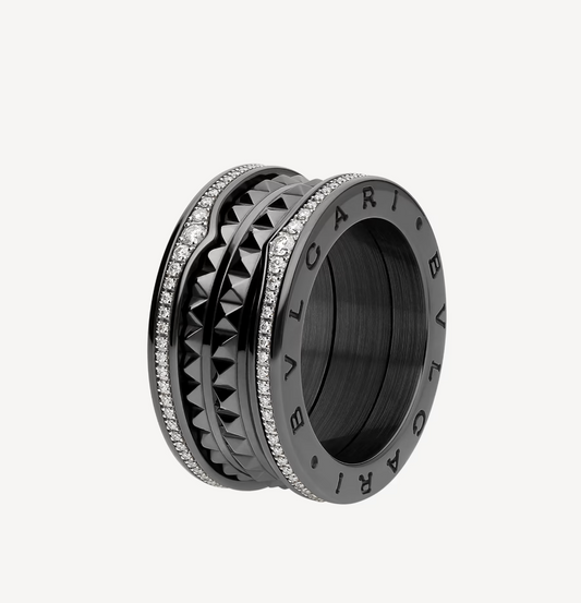 [Eterna Jewels]ZERO 1 ROCK FOUR-BAND BLACK CERAMIC WITH STUDDED SPIRAL AND PAVED DIAMONDS RING
