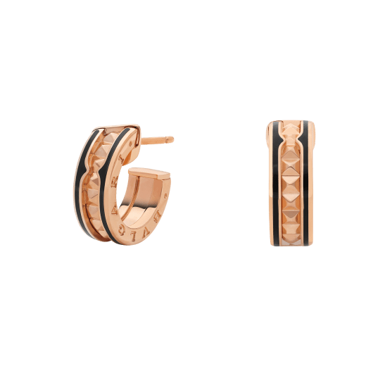 [Eterna Jewels]ZERO 1 ROCK PINK GOLD EARRINGS WITH STUDDED SPIRAL AND BLACK CERAMIC