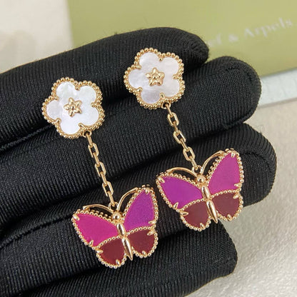 [Eterna Jewels]ROSE QUARTZ TWO‑FLOWER BUTTERFLY DROP EARRINGS