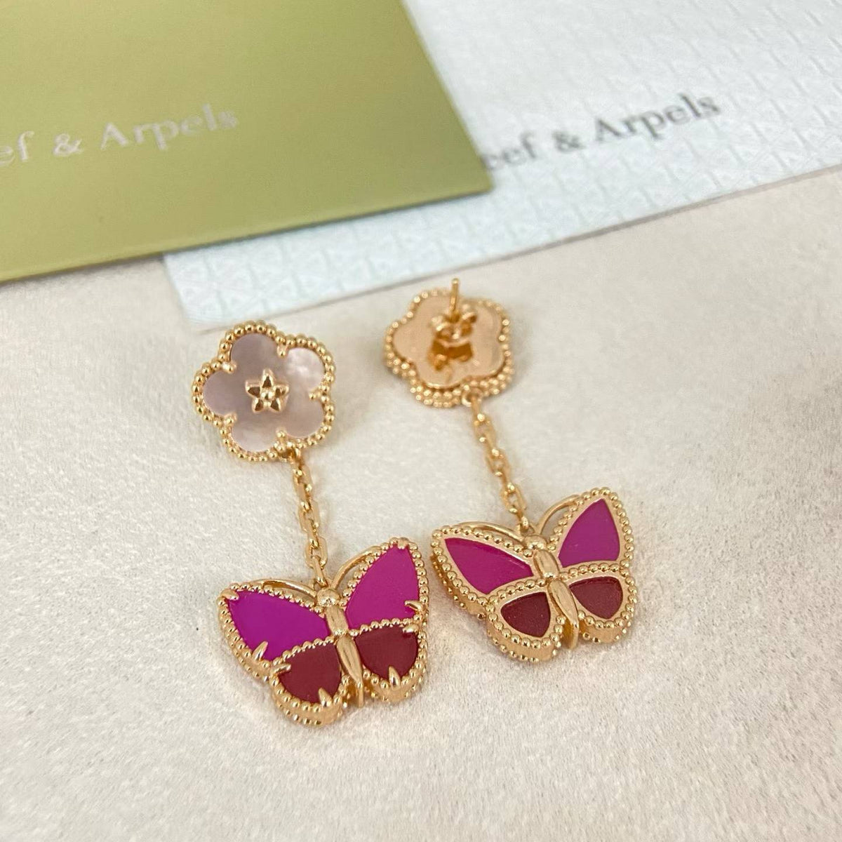 [Eterna Jewels]ROSE QUARTZ TWO‑FLOWER BUTTERFLY DROP EARRINGS