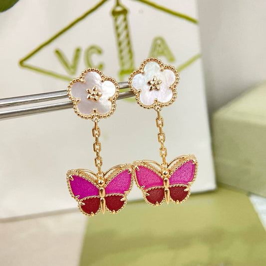 [Eterna Jewels]ROSE QUARTZ TWO‑FLOWER BUTTERFLY DROP EARRINGS