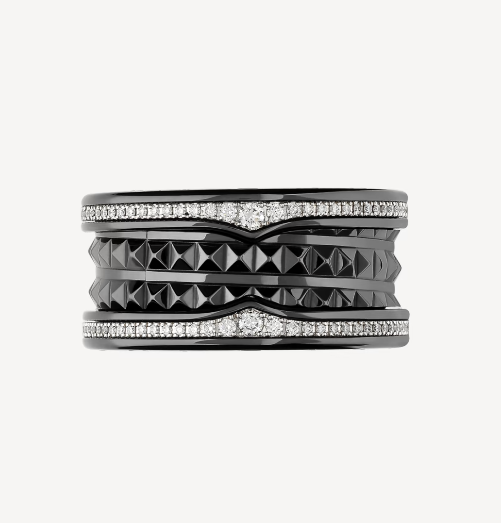 [Eterna Jewels]ZERO 1 ROCK FOUR-BAND BLACK CERAMIC WITH STUDDED SPIRAL AND PAVED DIAMONDS RING