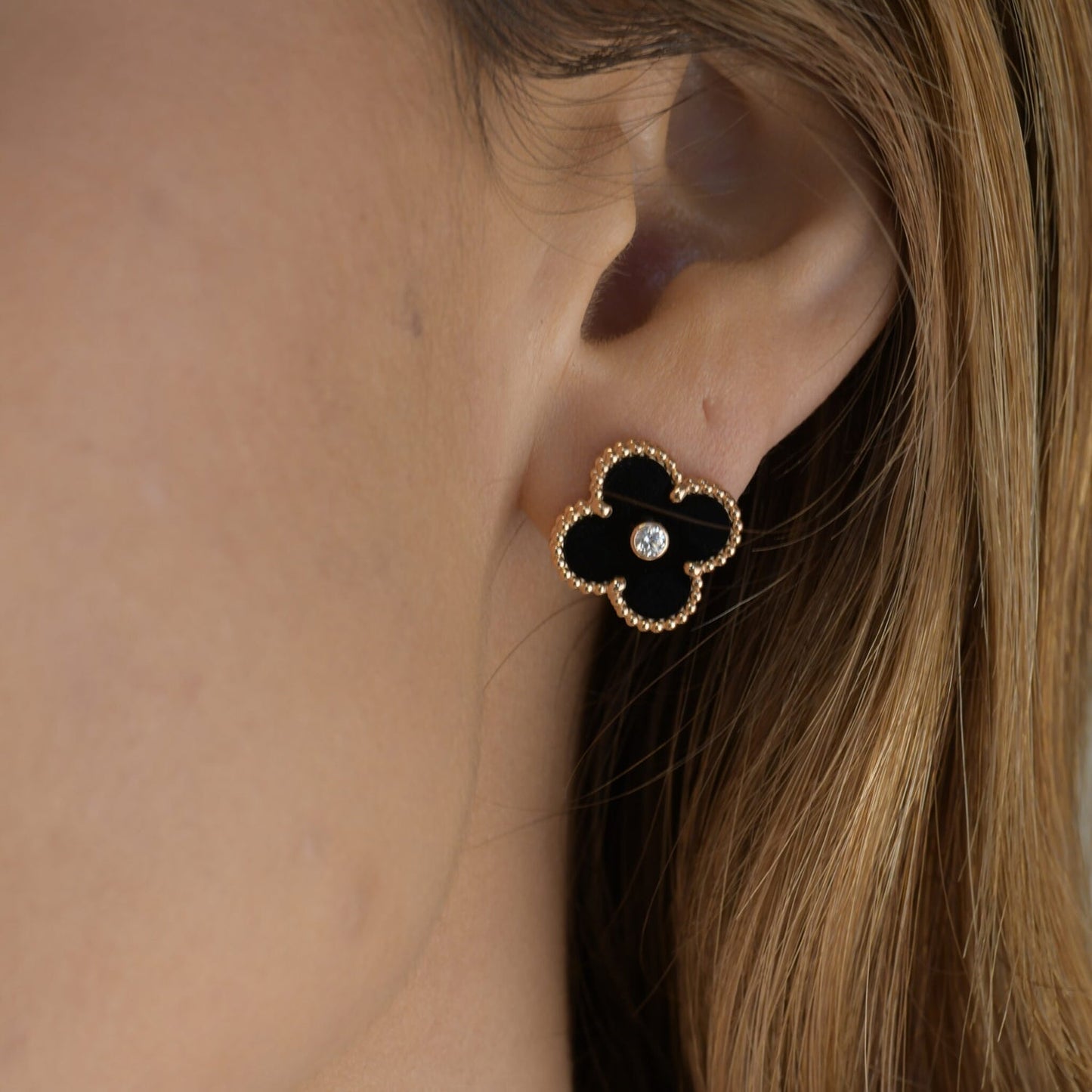 [Eterna Jewels]CLOVER MEDIUM 1 MOTIFS ONYX DIAMOND EARRINGS