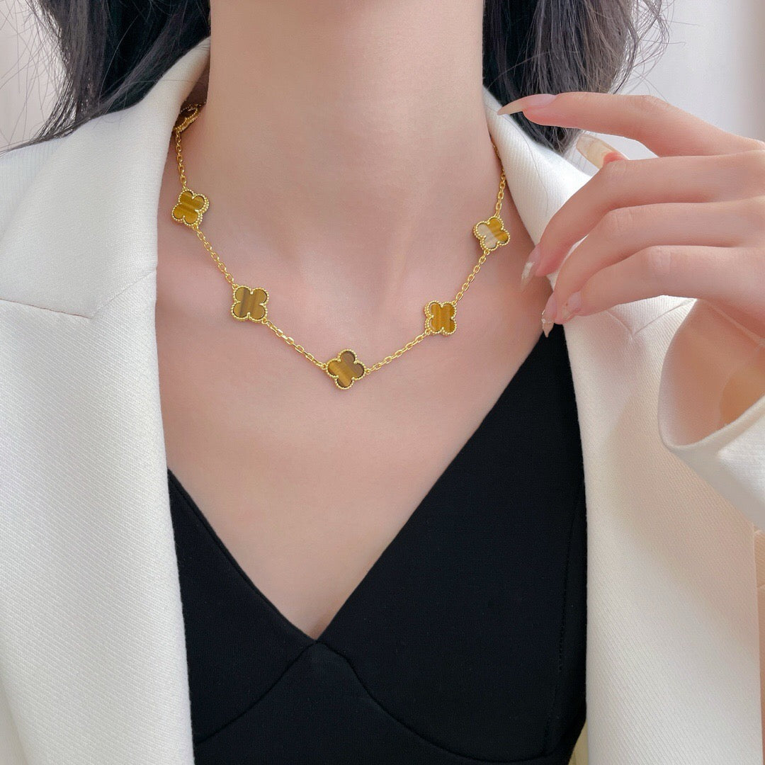 [Eterna Jewels]CLOVER 10 MOTIFS TIGER EYE NECKLACE