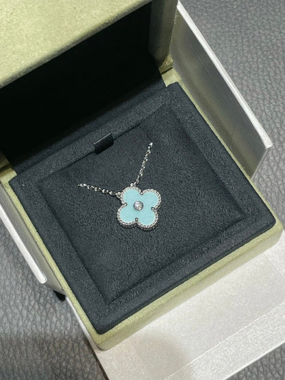 [Eterna Jewels]CLOVER 1 DIAMOND LIGHT BLUE SILVER NECKLACE