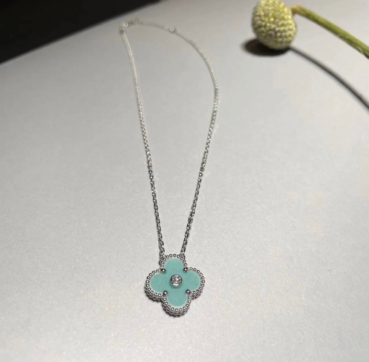 [Eterna Jewels]CLOVER 1 DIAMOND LIGHT BLUE SILVER NECKLACE