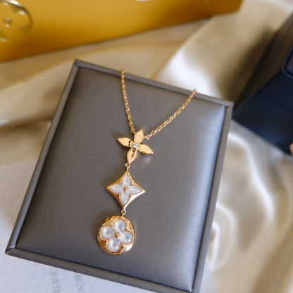 [Eterna Jewels]COLOR BLOSSOM LARIAT NECKLACE PINK GOLD WHITE MOTHER PEARL AND DIAMOND