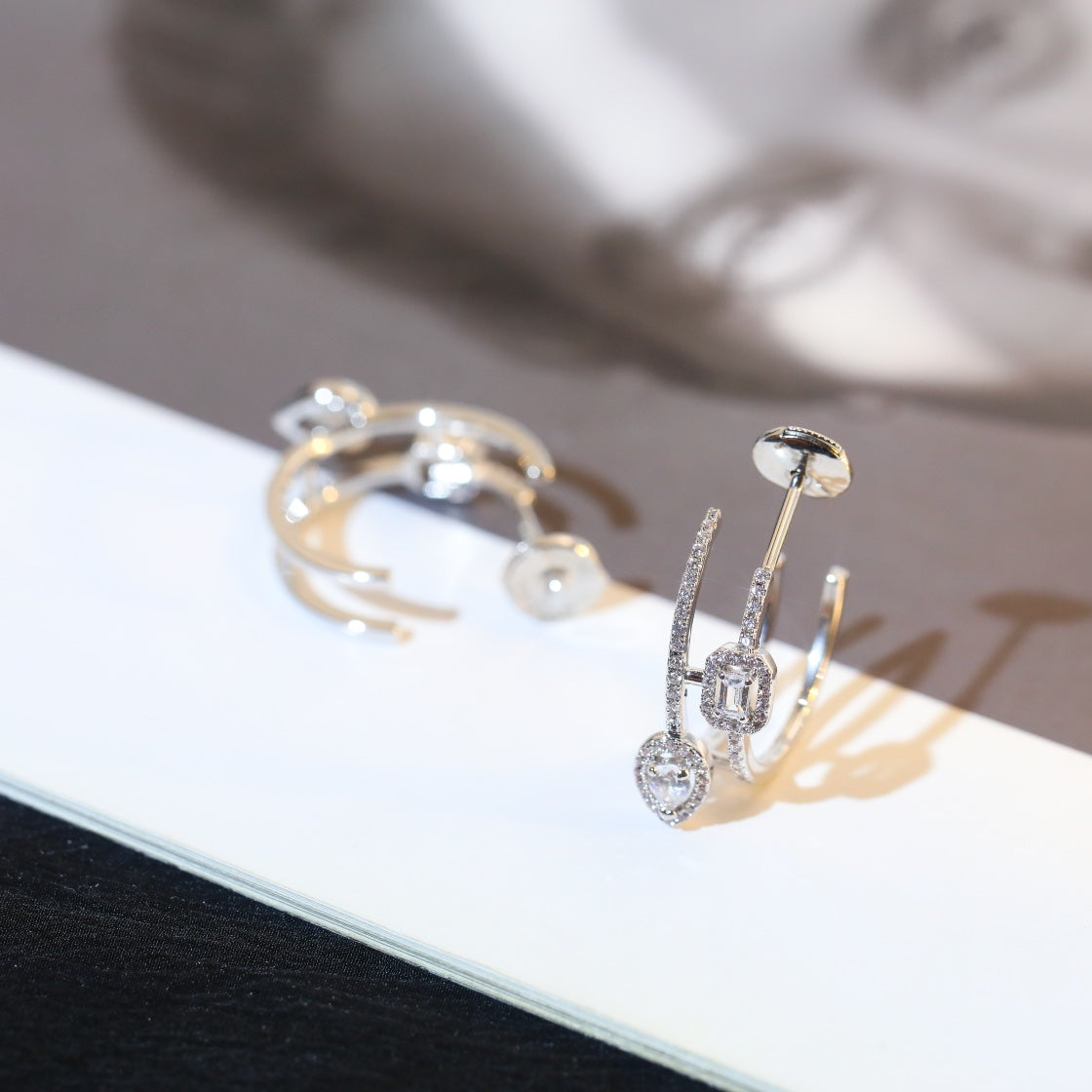 [Eterna Jewels]CREOLES MY TWIN 2 RANGS SILVER DIAMOND EARRINGS
