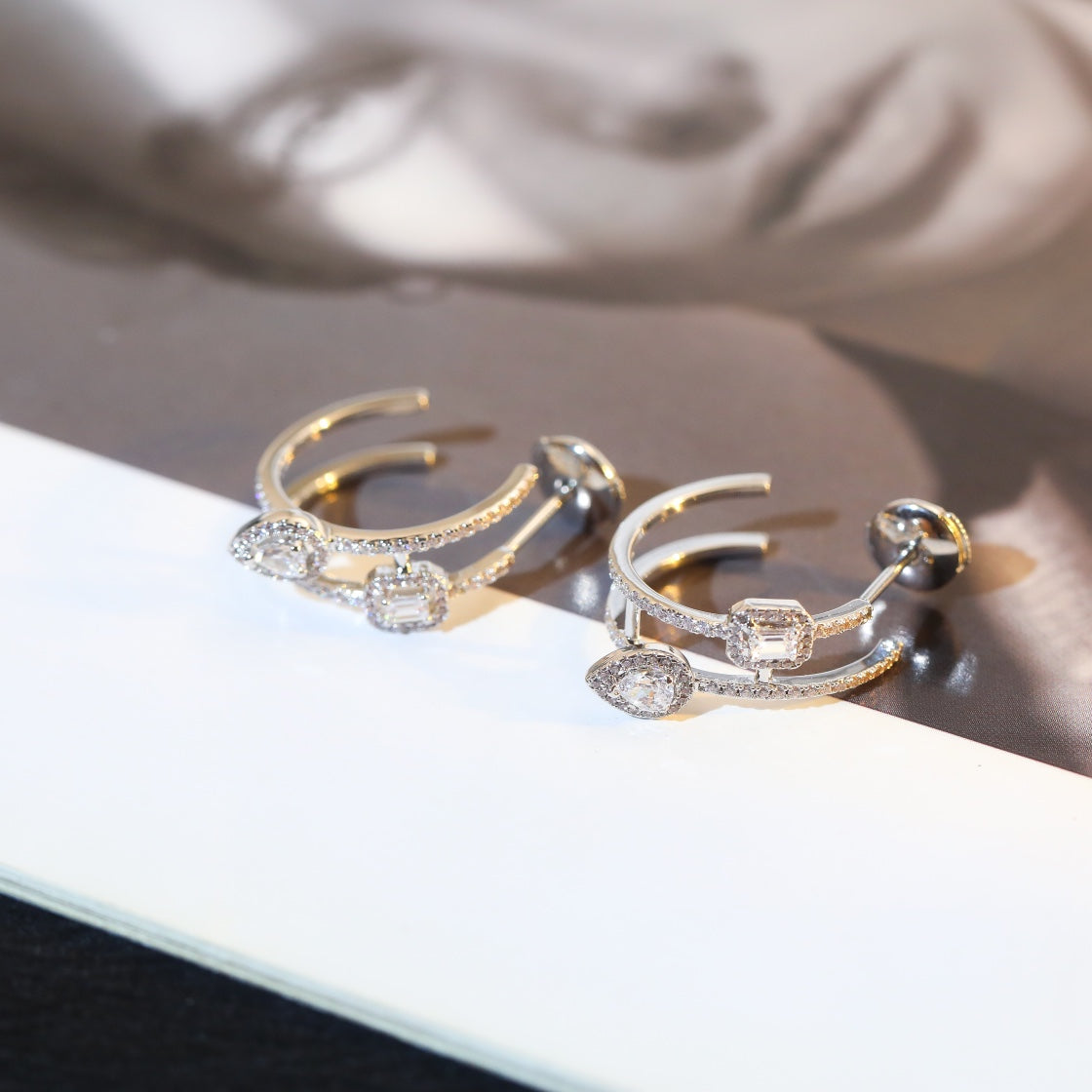 [Eterna Jewels]CREOLES MY TWIN 2 RANGS SILVER DIAMOND EARRINGS