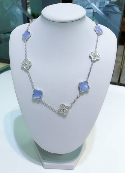 [Eterna Jewels]CLOVER 10 MOTIFS CHALCEDONY DIAMONDS SILVER NECKLACE